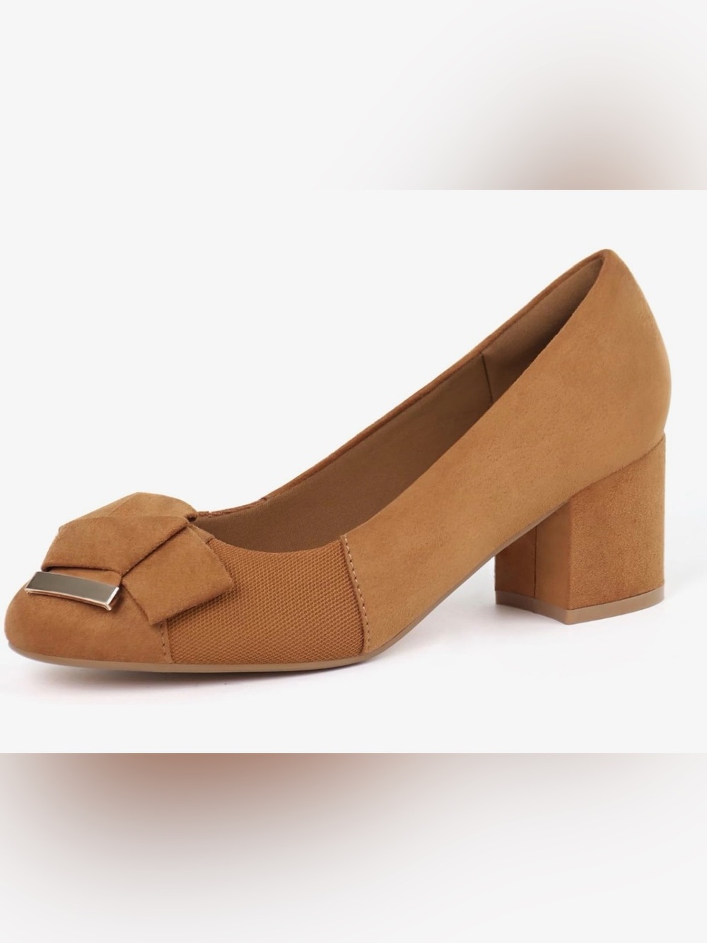 Benassal Women's Tan Block Heel Pumps with Bow and Metal Accent Size 8.5